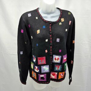 Vintage Studio Joy Black Christmas Ugly Sweater Cardigan w/ Patches & Beads L